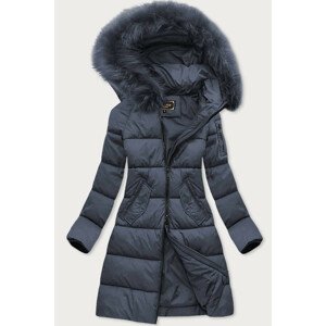 Tmavě modrá dlouhá dámská zimní prošívaná bunda s kapucí (7751) S (36)