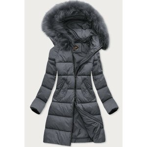 Dlouhá dámská zimní prošívaná bunda v grafitové barvě s kapucí (7751BIG) 54