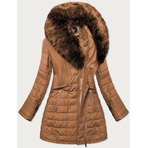 Rudý dámský zimní kabát s kožešinou (LD5520BIG) hnědá 48