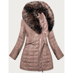 Růžový dámský zimní kabát s kožešinou (LD5520BIG) růžová 48