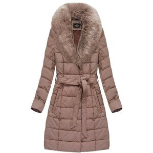 Dámský kabát ve starorůžové barvě z eko kůže s kožešinou (5527BIG) růžová 50
