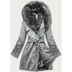Šedý dámský semišový zimní kabát s páskem (6515) šedá XXL (44)