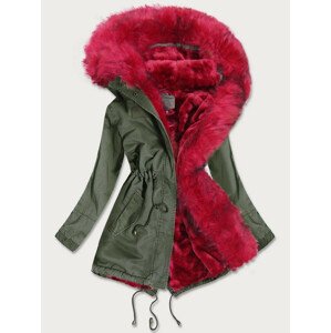 Khaki-červená dámská zimní bunda "parka" s barevnou kožešinou (D-216#) červená M (38)