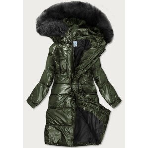 Metalická dámská zimní bunda v khaki barvě s kapucí (8295) khaki S (36)
