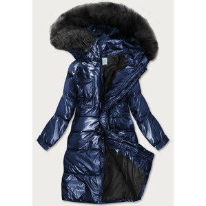 Tmavě modrá metalická dámská zimní bunda s kapucí (8295) M (38)
