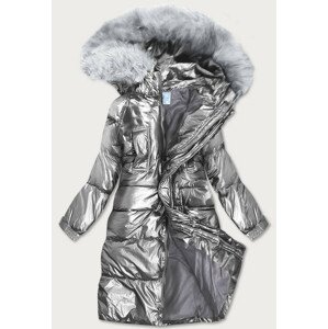 Stříbrná dámská metalická zimní bunda s kapucí (8295) L (40)