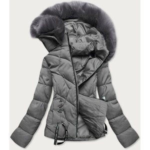 Krátká šedá dámská zimní bunda s kapucí (H1021-09) šedá XXL (44)