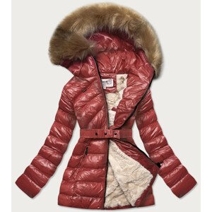 Lesklá zimní bunda ve vínové bordó barvě s mechovitým kožíškem (W674) Červená XXL (44)