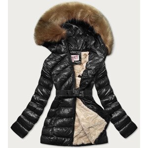 Černo-béžová lesklá zimní bunda s mechovitým kožíškem (W674) černá S (36)