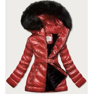 Lesklá zimní bunda ve vínové bordó barvě s mechovitým kožíškem (W673) Červená XXL (44)