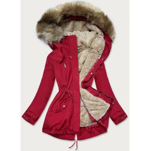 Červeno-tmavě béžová dámská zimní bunda s mechovitým kožíškem (W553) červená S (36)