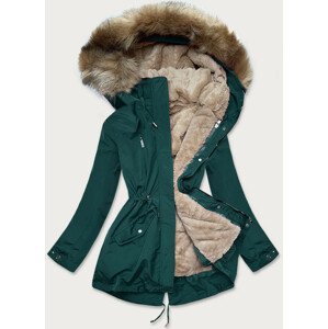 Zeleno-tmavě béžová dámská zimní bunda s mechovitým kožíškem (W553) L (40)