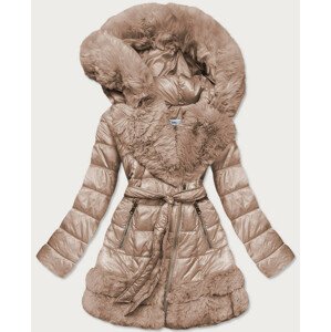 Béžová dámská zimní prošívaná bunda obšitá kožešinou (FM16-3) béžová S (36)