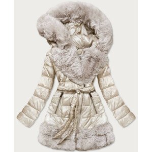 Dámská zimní prošívaná bunda v ecru barvě obšitá kožešinou (FM16-02) M (38)