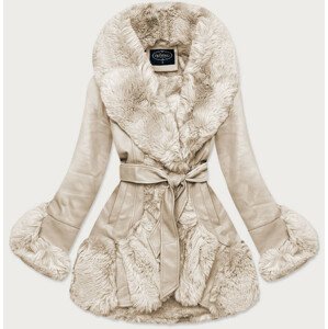 Elegantní béžová kožená bunda s kožešinovým límcem (FL202018) béžová S (36)