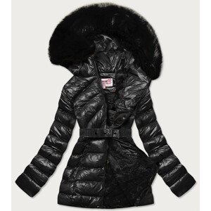 Lesklá černá zimní bunda s mechovitým kožíškem (W674) černá S (36)