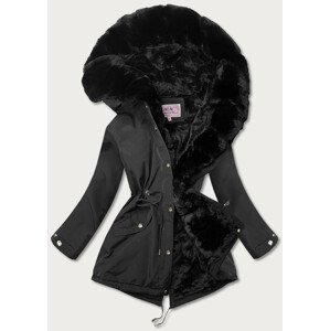 Černá dámská zimní bunda s mechovitým kožíškem (W550) černá XL (42)