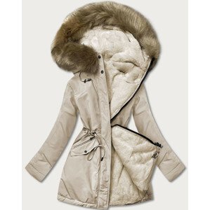 Teplá béžová dámská zimní bunda s kožešinovou podšívkou (W610) Béžová XXL (44)
