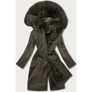 Dámská zimní bunda v khaki barvě s mechovitým kožíškem (B537-11) khaki S (36)