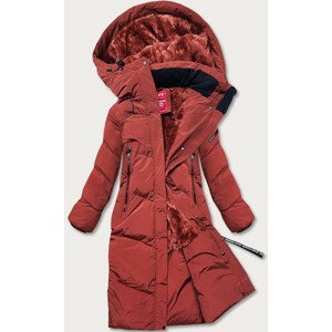Dlouhá dámská zimní bunda v cihlové barvě s kožešinou (2M-011) Červená M (38)