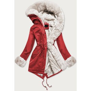 Červeno-ecru dámská zimní bunda parka s mechovitý kožíškem (B530-4046) Červená XL (42)