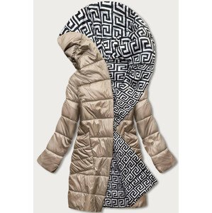 Béžovo-bílá přeložená obálková dámská bunda s kapucí (R8040) Béžová 48