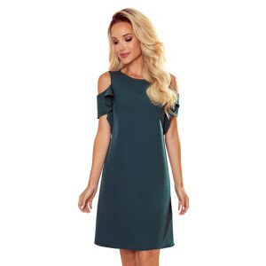 Trapézové dámské šaty v lahvově zelené barvě s volánky na ramenou 359-2 L