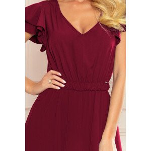 LIDIA - Dlouhé dámské šaty ve vínové bordó barvě s výstřihem a volánky 310-5  XL