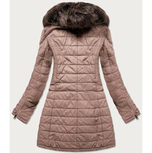 Dámský kabát z eko kůže ve starorůžové barvě s kožešinou (LD5520) Růžová S (36)
