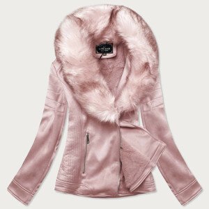 Dámská semišová bunda ramoneska v pudrově růžové barvě s kožešinou (6502BIG) Růžová 50