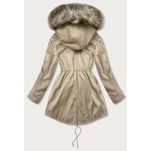 Béžová dámská zimní bunda parka s mechovitým kožíškem a s kapucí (7602BIG) Béžová 52
