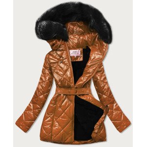 Lesklá zimní bunda v karamelové barvě s mechovitým kožíškem (W756) Hnědá XXL (44)