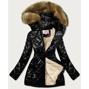 Černo/hnědá lesklá zimní bunda s mechovitým kožíškem (W756) Hnědá XL (42)