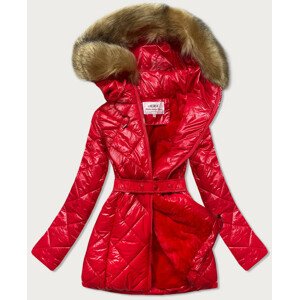 Lesklá červená zimní bunda s mechovitým kožíškem (W756) Červená XL (42)