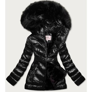 Černá lesklá zimní bunda s mechovitou kožešinou (W673) černá XXL (44)