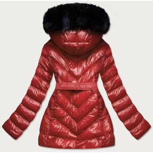 Lesklá zimní bunda ve vínové bordó barvě s mechovitou kožešinou (W673) Červená XXL (44)