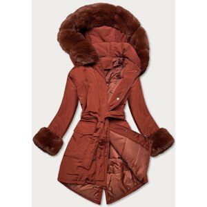 Dámská zimní bunda v cihlové barvě s páskem (F7039-5) Červená XXL (44)