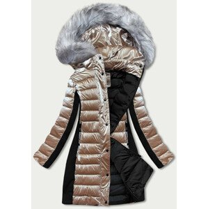 Béžová dámská zimní bunda z různých spojených materiálů (DK067-95) Béžová XL (42)