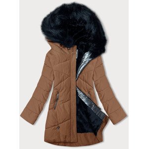 Dámská zimní bunda v karamelové barvě s kožešinou (V715) odcienie brązu S (36)
