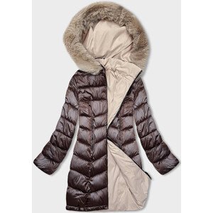 Hnědo-béžová oboustranná dámská zimní bunda s kapucí (B8203-14046) odcienie zieleni 46