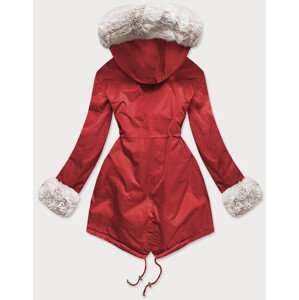 Červeno-ecru dámská zimní bunda parka s mechovitým kožíškem (B530-4046) Červená L (40)
