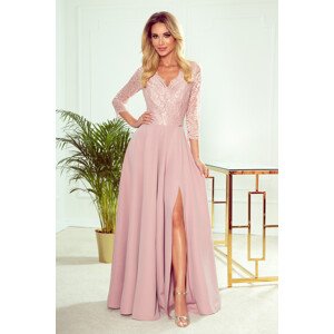 Elegantní dlouhé krajkové dámské šaty v pudrově růžové barvě s dekoltem L model 8869354 - numoco