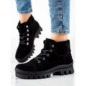 Designové  kotníčkové boty dámské černé na plochém podpatku 37