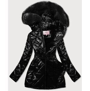 Černá lesklá zimní bunda s mechovitým kožíškem a s černou kožešinou (W756) černá L (40)