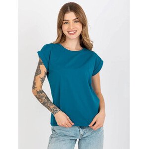 Bavlněné dámské tričko t-shirt v mořské barvě s ohrnutými rukávky Feel Good (4833-25) odcienie niebieskiego XL (42)