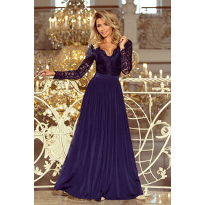 Dlouhé tmavě modré dámské šaty s krajkovým výstřihem a dlouhými rukávy model 6356831 S