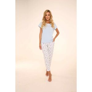 Dámské pyžamo 434 MARIBELL - krátké rukávy, dlouhé kalhoty modrá+bílé květy S