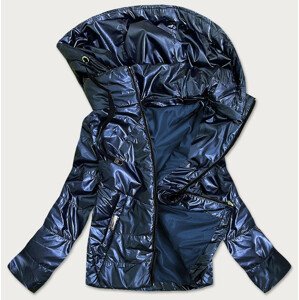 Tmavě modrá lesklá dámská bunda s kapucí (B9575) tmavěmodrá 50