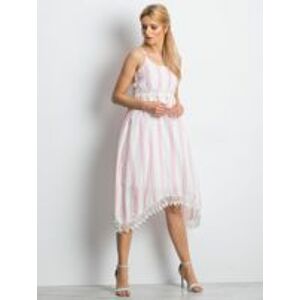 Asymetrické bílé a růžové pruhované šaty S